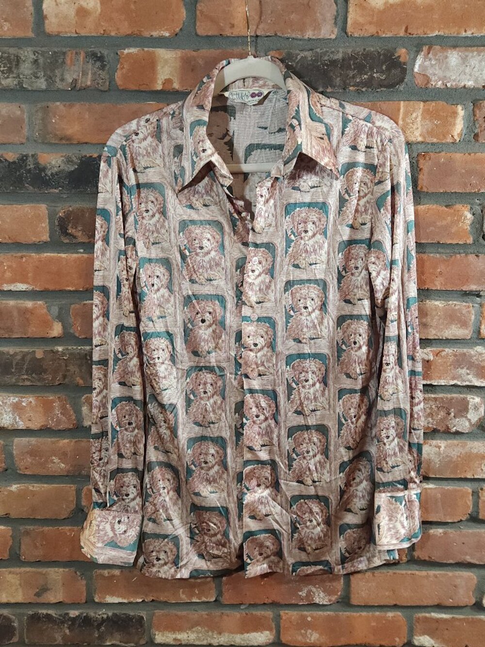 Vintage Huk-a-Poo Nylon Dog Print Button-front Shiny Disco Shirt 70s Women's M/L - Picture 2 of 7
